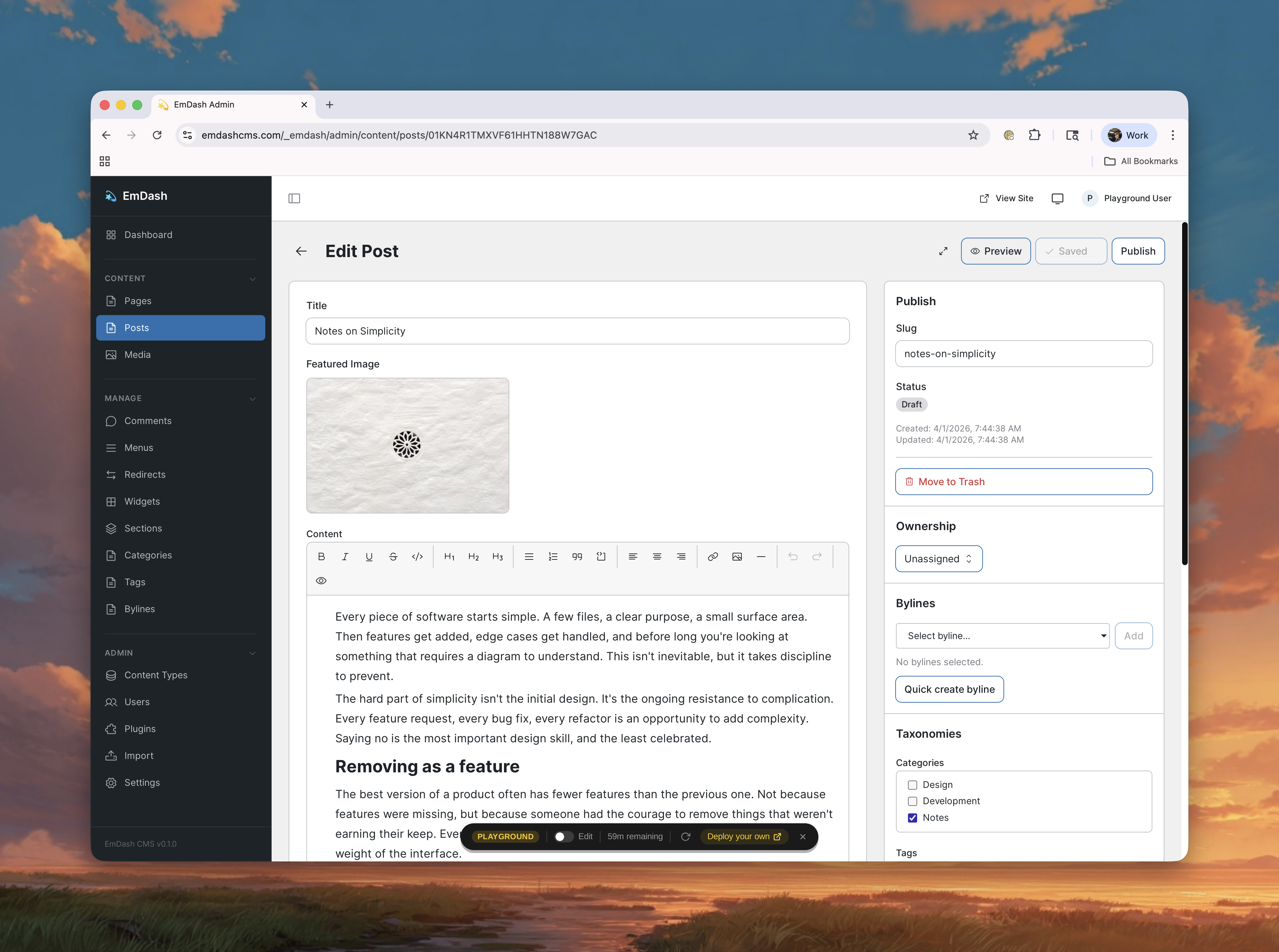 EmDash playground interface